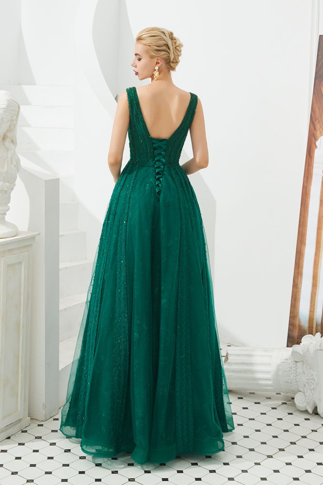 Vestido de noche sin mangas con escote en V, corte acampanado y espalda descubierta