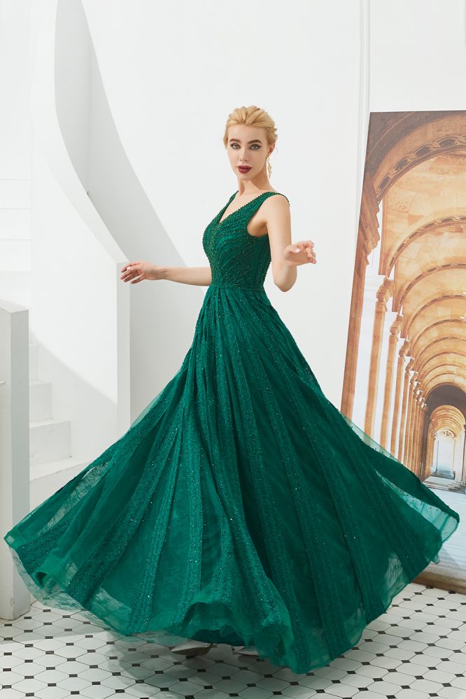 Vestido de noche sin mangas con escote en V, corte acampanado y espalda descubierta