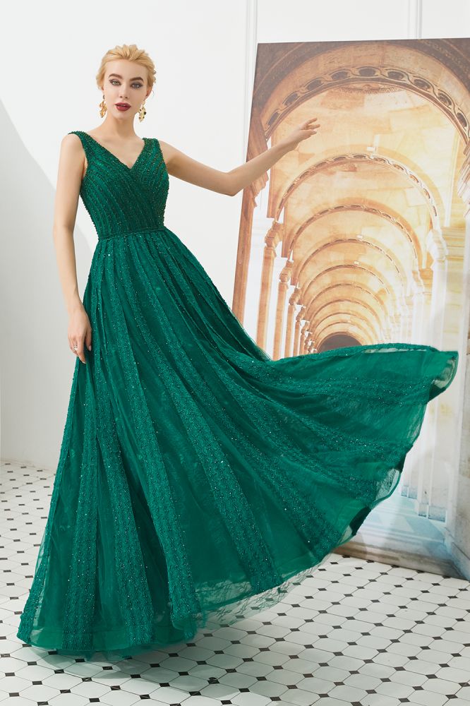 Vestido de noche sin mangas con escote en V, corte acampanado y espalda descubierta