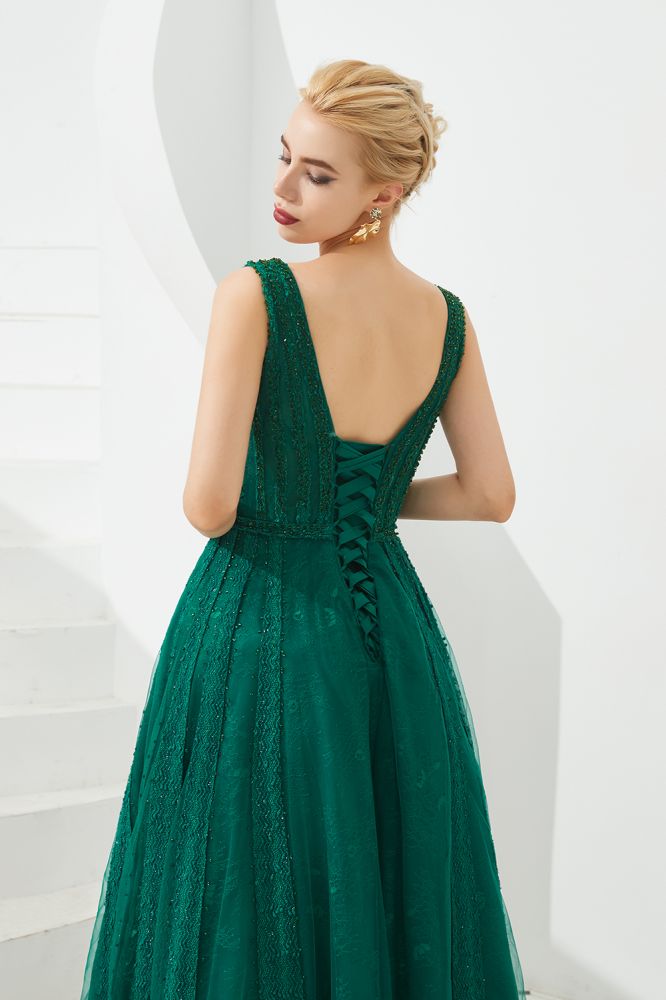 Vestido de noche sin mangas con escote en V, corte acampanado y espalda descubierta