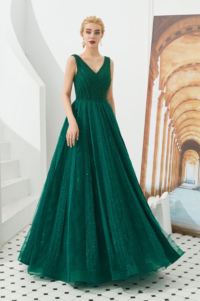 Vestido de noche sin mangas con escote en V, corte acampanado y espalda descubierta