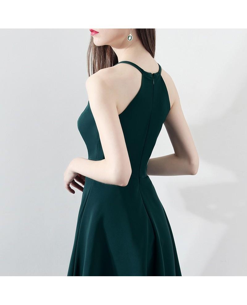 Robe de soirée courte vert foncé cintrée, coupe trapèze, dos nu, référence PD197