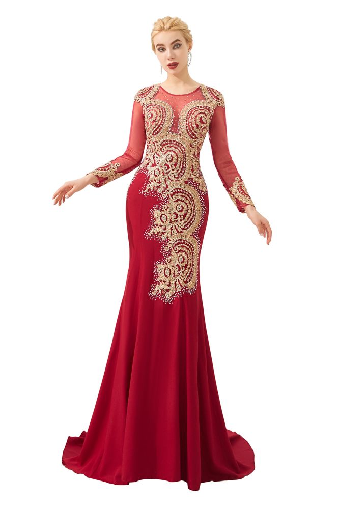 Robe de soirée sirène moulante à manches longues et appliques dorées, longueur au sol.