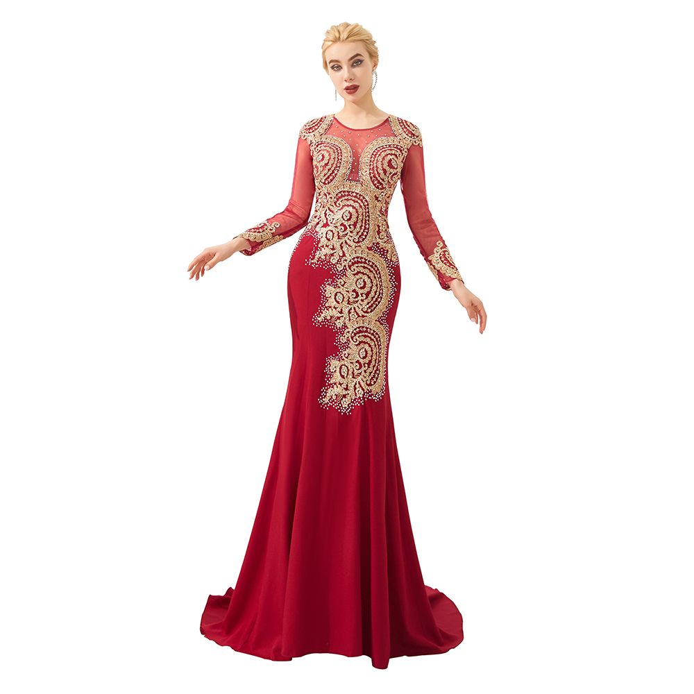 Robe de soirée sirène moulante à manches longues et appliques dorées, longueur au sol.