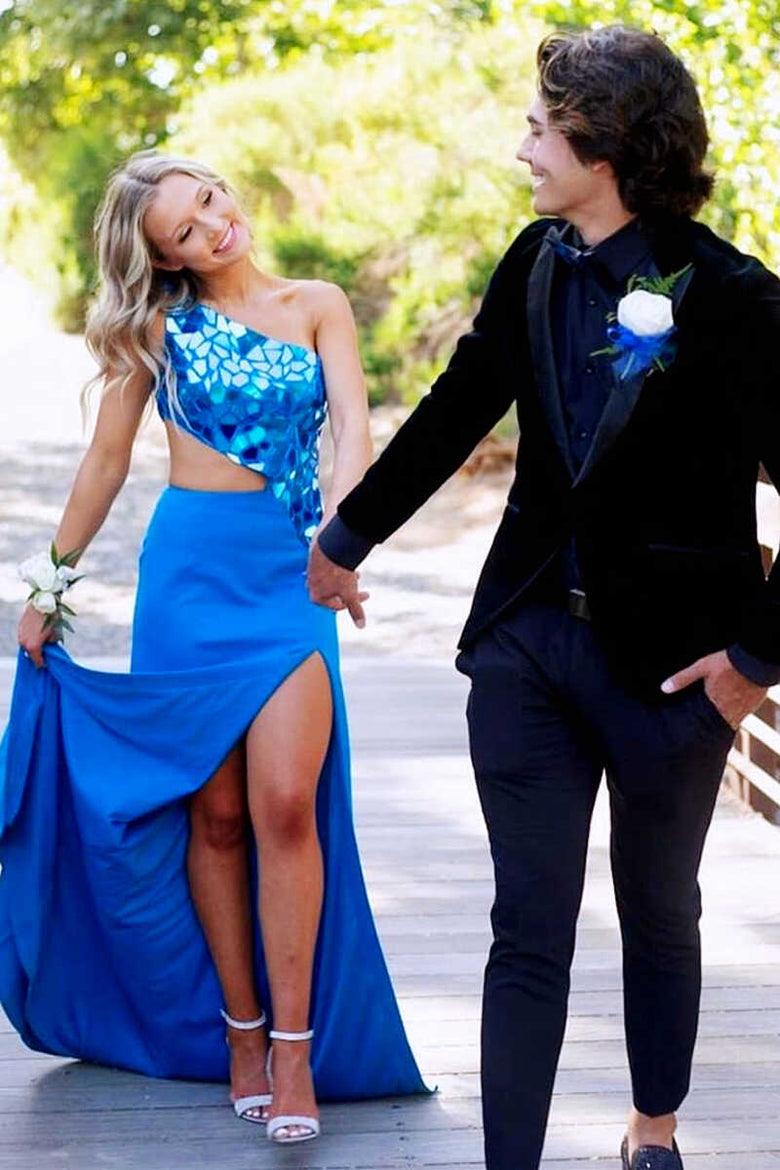 Ashley | Vestido de graduación tipo tubo con un solo hombro y lentejuelas efecto espejo