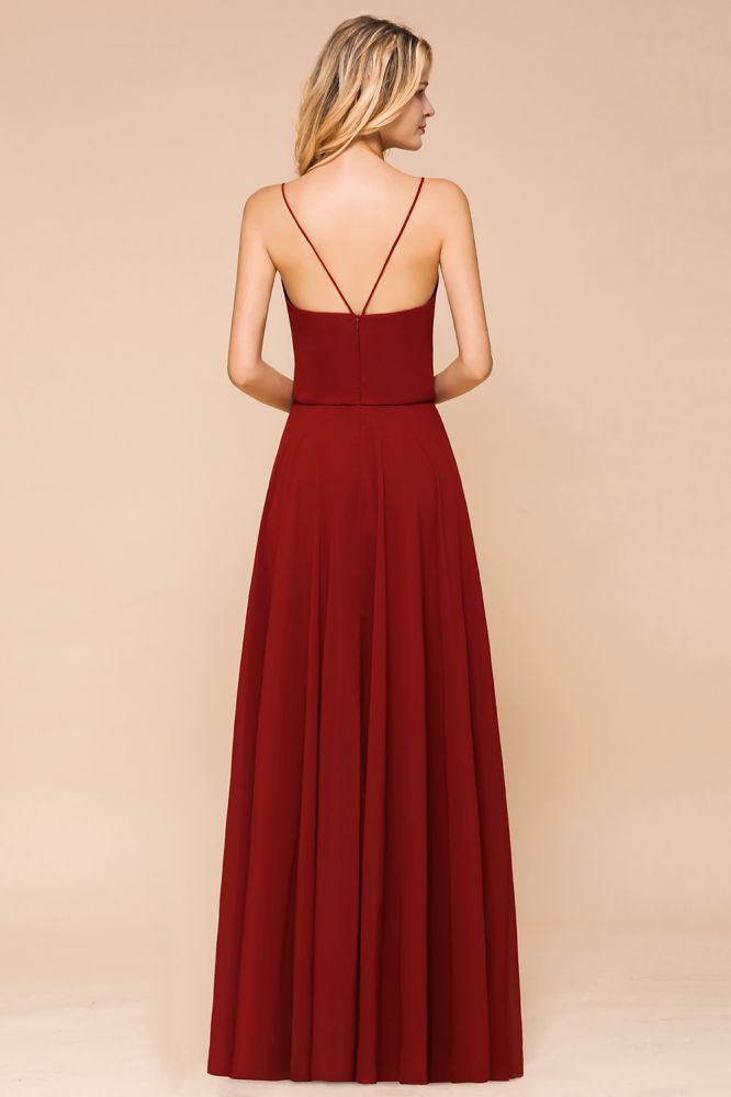 Vestido de dama de honor de gasa con espalda descubierta, color burdeos, largo hasta el suelo, ideal para bodas en la playa.