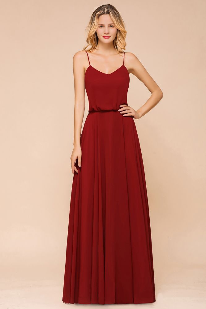 Vestido de dama de honor de gasa con espalda descubierta, color burdeos, largo hasta el suelo, ideal para bodas en la playa.
