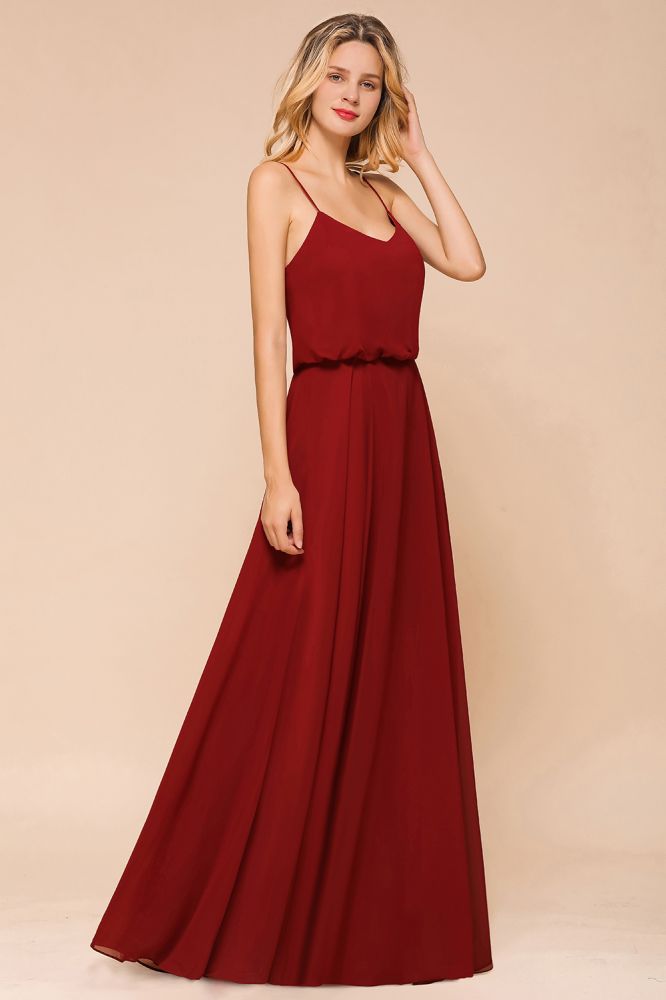 Vestido de dama de honor de gasa con espalda descubierta, color burdeos, largo hasta el suelo, ideal para bodas en la playa.