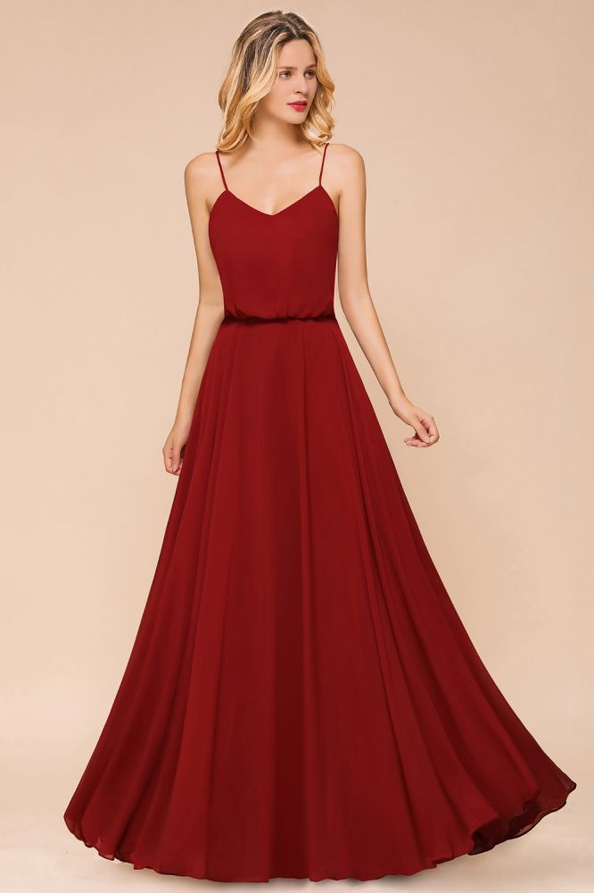 Vestido de dama de honor de gasa con espalda descubierta, color burdeos, largo hasta el suelo, ideal para bodas en la playa.