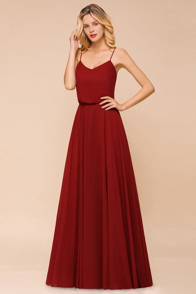 Vestido de dama de honor de gasa con espalda descubierta, color burdeos, largo hasta el suelo, ideal para bodas en la playa.