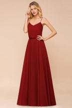 Vestido de dama de honor de gasa con espalda descubierta, color burdeos, largo hasta el suelo, ideal para bodas en la playa.