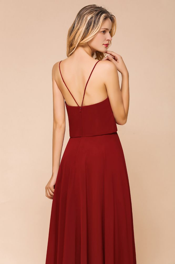 Vestido de dama de honor de gasa con espalda descubierta, color burdeos, largo hasta el suelo, ideal para bodas en la playa.
