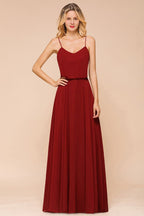 Vestido de dama de honor de gasa con espalda descubierta, color burdeos, largo hasta el suelo, ideal para bodas en la playa.