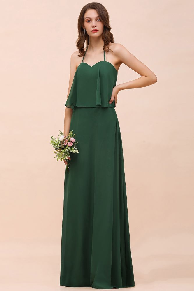 Vestido de dama de honor de gasa con tirantes finos, verde oscuro, largo hasta el suelo.