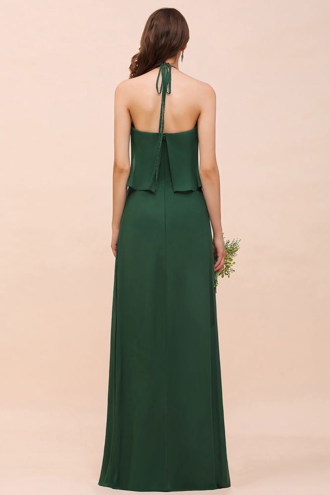Robe de demoiselle d'honneur en mousseline spaghetti vert foncé, longueur au sol.