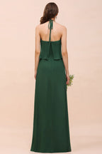 Robe de demoiselle d'honneur en mousseline spaghetti vert foncé, longueur au sol.