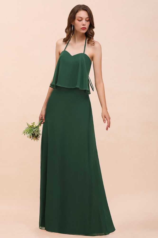 Robe de demoiselle d'honneur en mousseline spaghetti vert foncé, longueur au sol.