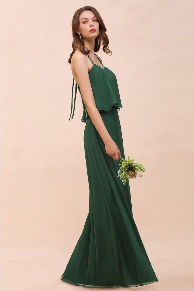 Robe de demoiselle d'honneur en mousseline spaghetti vert foncé, longueur au sol.