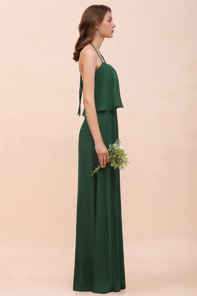 Robe de demoiselle d'honneur en mousseline spaghetti vert foncé, longueur au sol.
