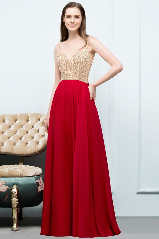 Robe de bal bordeaux à bretelles spaghetti, longueur au sol, coupe trapèze, ornée de perles