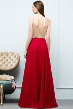 Robe de bal bordeaux à bretelles spaghetti, longueur au sol, coupe trapèze, ornée de perles