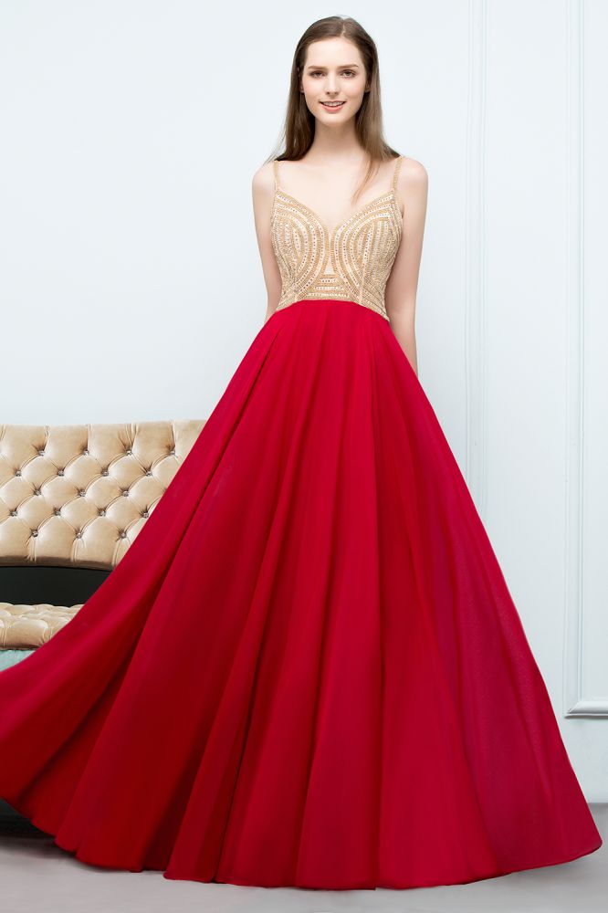 Robe de bal bordeaux à bretelles spaghetti, longueur au sol, coupe trapèze, ornée de perles