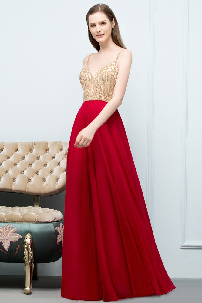 Robe de bal bordeaux à bretelles spaghetti, longueur au sol, coupe trapèze, ornée de perles