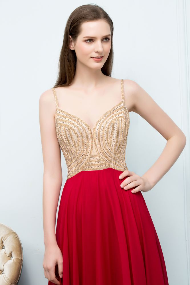 Robe de bal bordeaux à bretelles spaghetti, longueur au sol, coupe trapèze, ornée de perles