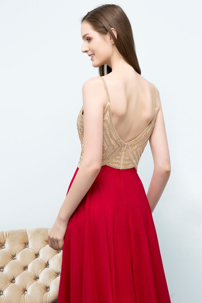 Robe de bal bordeaux à bretelles spaghetti, longueur au sol, coupe trapèze, ornée de perles
