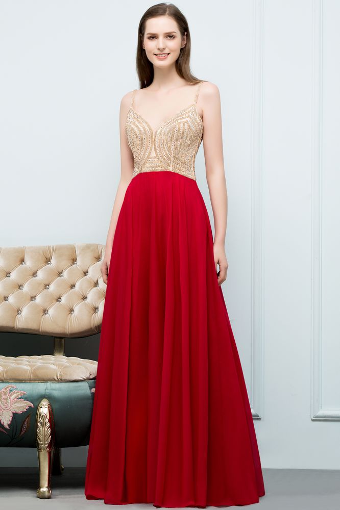 Robe de bal bordeaux à bretelles spaghetti, longueur au sol, coupe trapèze, ornée de perles