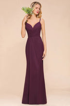 Robe de demoiselle d'honneur sirène spaghetti en mousseline de soie, robe de soirée simple et longue
