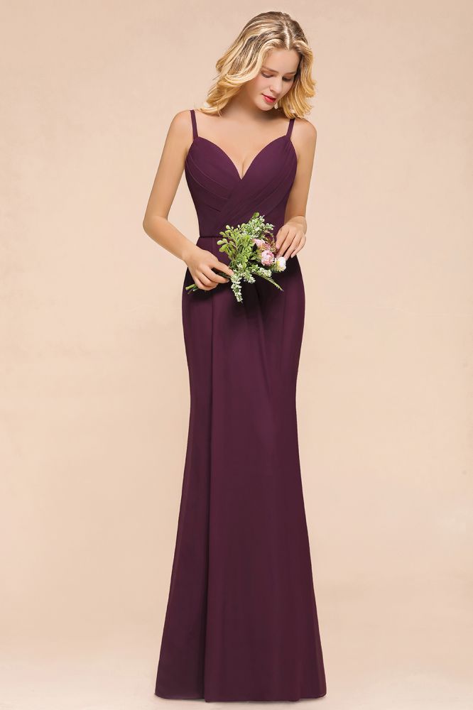 Robe de demoiselle d'honneur sirène spaghetti en mousseline de soie, robe de soirée simple et longue
