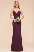 Robe de demoiselle d'honneur sirène spaghetti en mousseline de soie, robe de soirée simple et longue