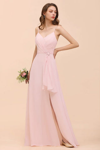 Spaghetti Side Split Pink Bridesmaid Dress Beach Simple Wedding Dress