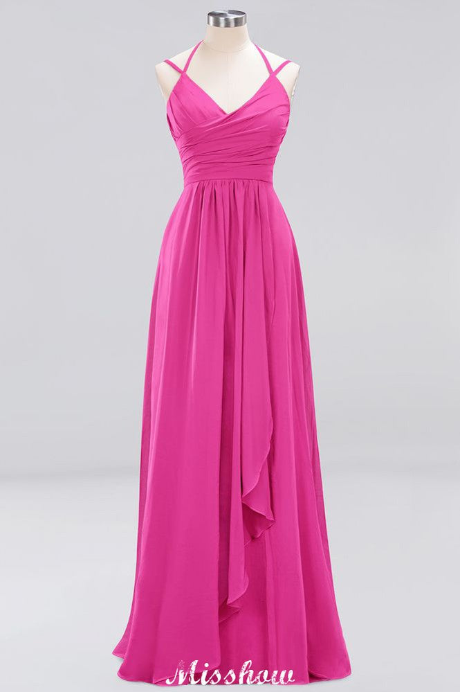 Robe de demoiselle d'honneur maxi en mousseline, coupe trapèze, bretelles fines, sans manches, à volants et bretelles fines, avec volants.