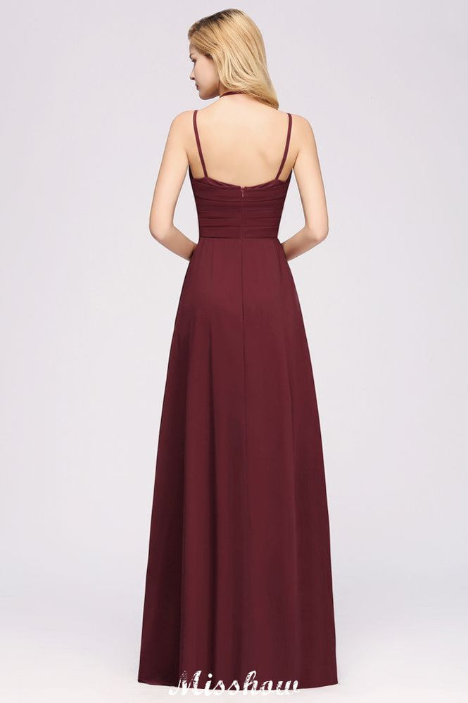 Vestido largo de noche con tirantes, sin mangas, volantes y corte en A, de gasa, para damas de honor.