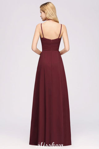 Vestido largo de noche con tirantes, sin mangas, volantes y corte en A, de gasa, para damas de honor.