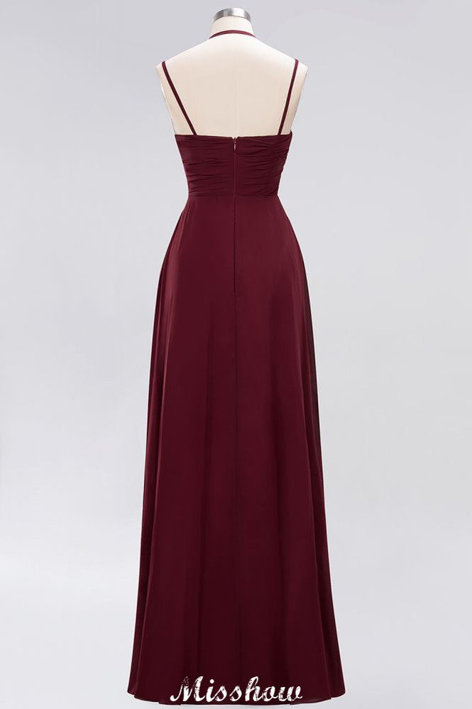 Robe de demoiselle d'honneur maxi en mousseline, coupe trapèze, bretelles fines, sans manches, à volants et bretelles fines, avec volants.