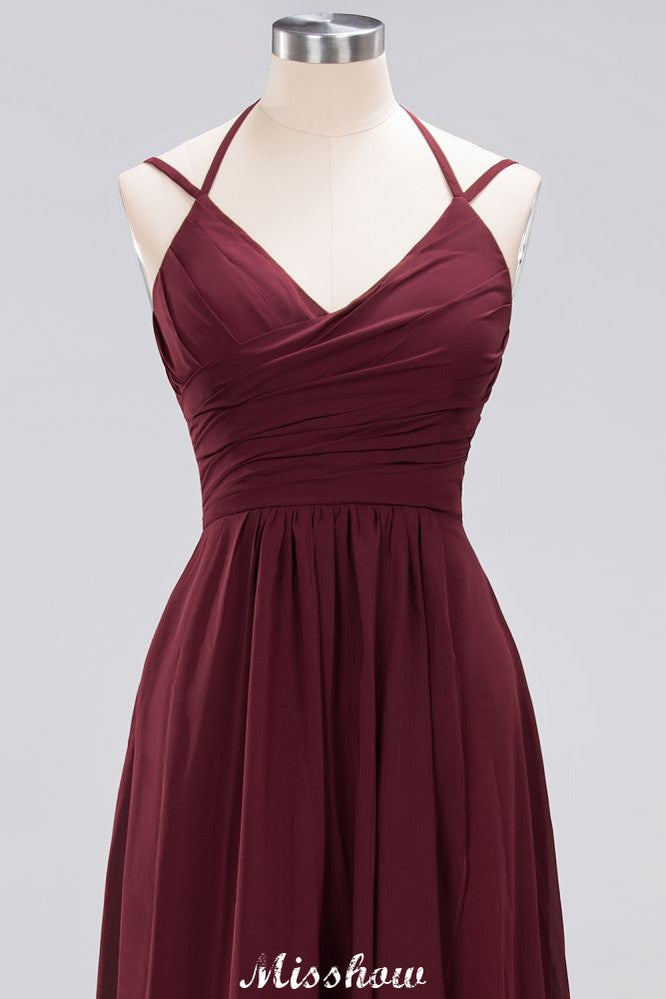 Robe de demoiselle d'honneur maxi en mousseline, coupe trapèze, bretelles fines, sans manches, à volants et bretelles fines, avec volants.