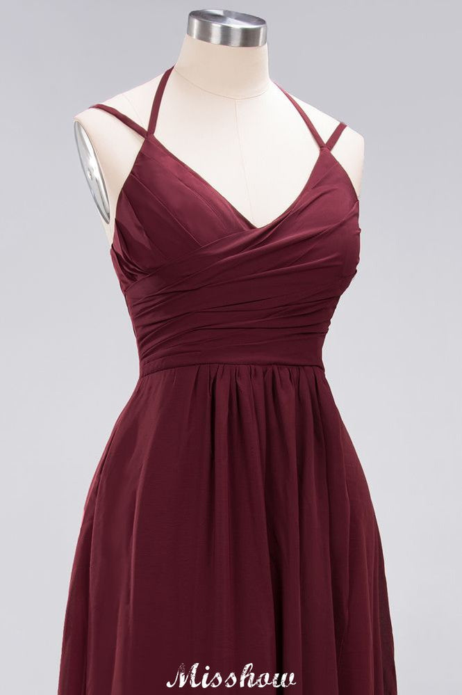 Robe de demoiselle d'honneur maxi en mousseline, coupe trapèze, bretelles fines, sans manches, à volants et bretelles fines, avec volants.