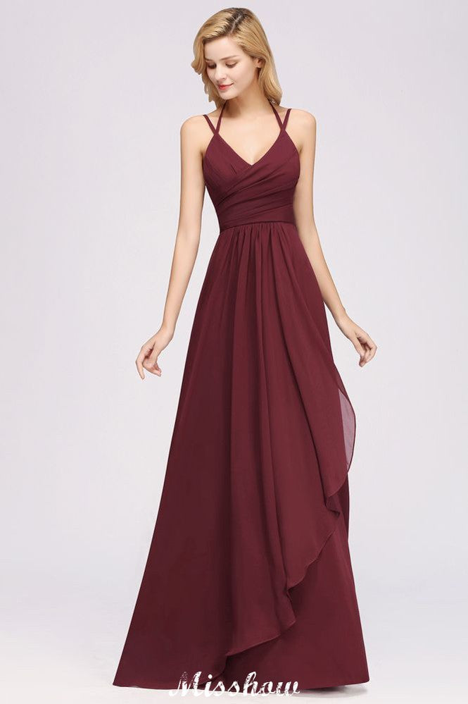 Robe de demoiselle d'honneur maxi en mousseline, coupe trapèze, bretelles fines, sans manches, à volants et bretelles fines, avec volants.