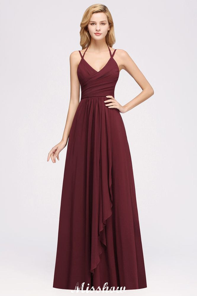 Robe de demoiselle d'honneur maxi en mousseline, coupe trapèze, bretelles fines, sans manches, à volants et bretelles fines, avec volants.