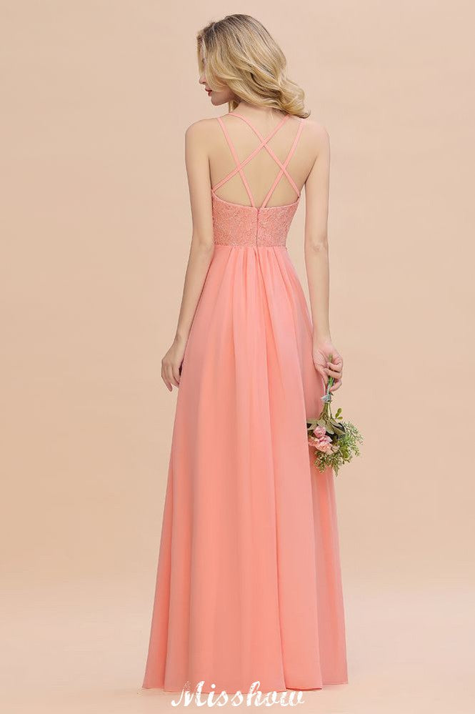Robe de demoiselle d'honneur bleu ciel à fines bretelles et fente latérale, col en V, style spaghetti, idéale pour un mariage.
