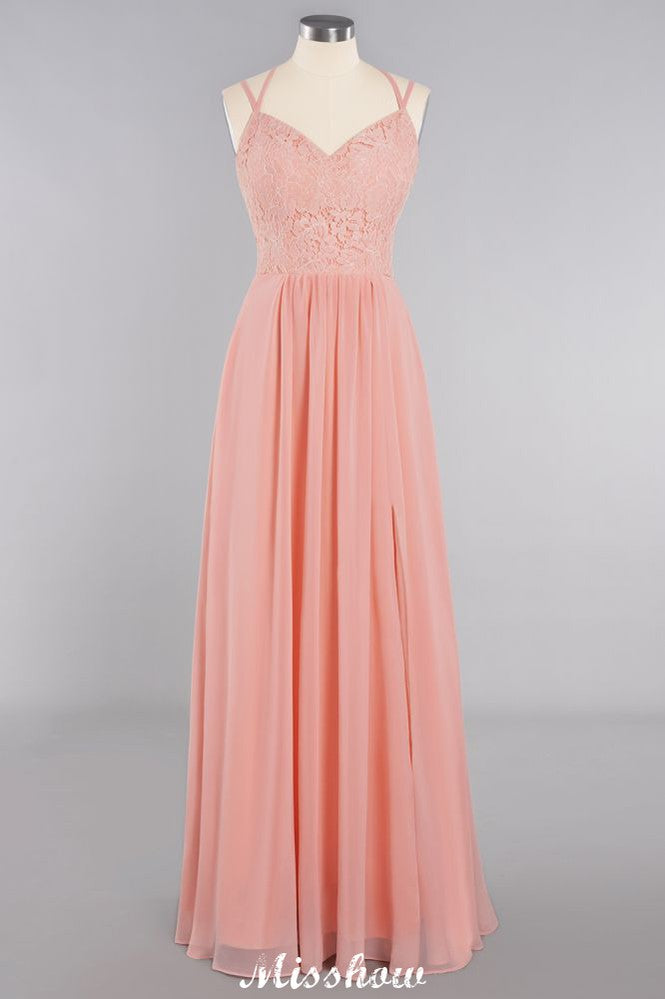 Robe de demoiselle d'honneur bleu ciel à fines bretelles et fente latérale, col en V, style spaghetti, idéale pour un mariage.