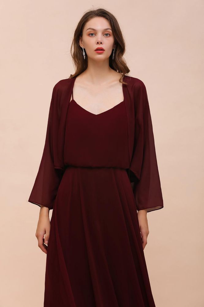 Vestido de dama de honor burdeos con tirantes finos y drapeados, vestido largo hasta el suelo para invitada de boda