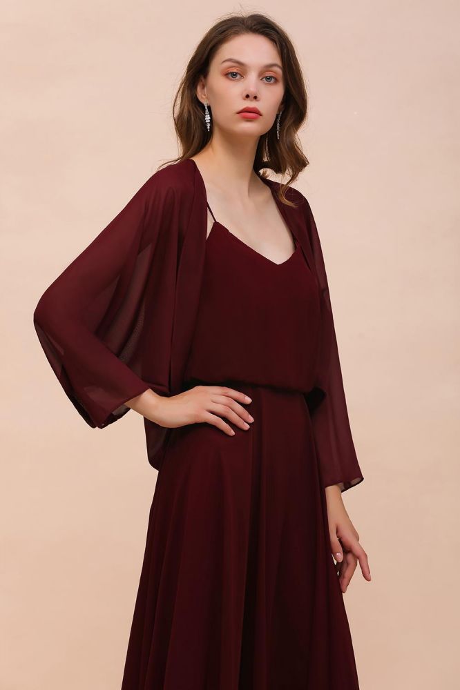 Vestido de dama de honor burdeos con tirantes finos y drapeados, vestido largo hasta el suelo para invitada de boda
