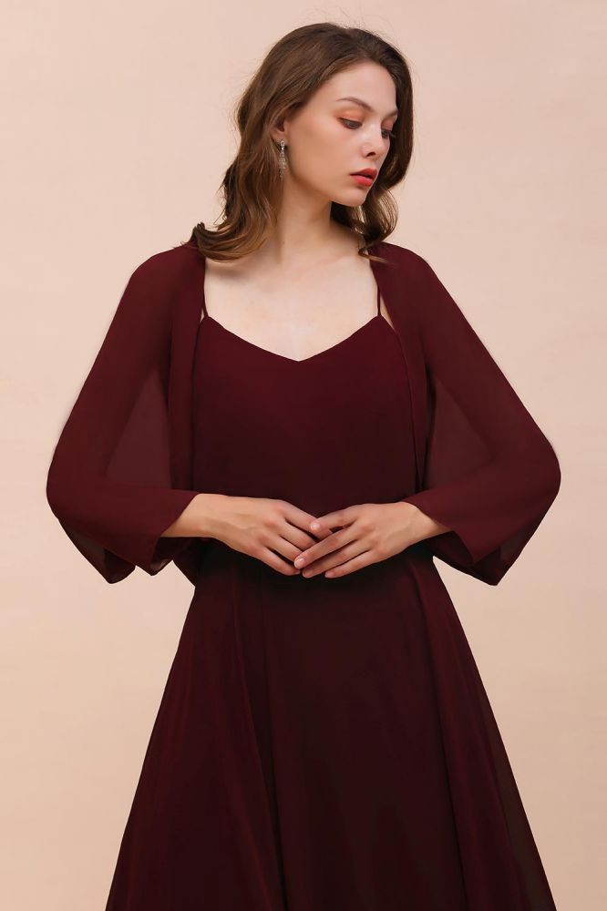 Vestido de dama de honor burdeos con tirantes finos y drapeados, vestido largo hasta el suelo para invitada de boda