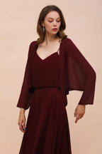 Vestido de dama de honor burdeos con tirantes finos y drapeados, vestido largo hasta el suelo para invitada de boda