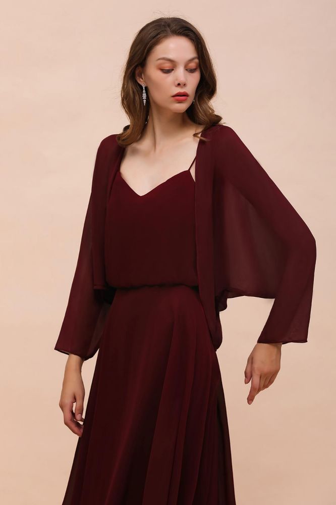 Vestido de dama de honor burdeos con tirantes finos y drapeados, vestido largo hasta el suelo para invitada de boda