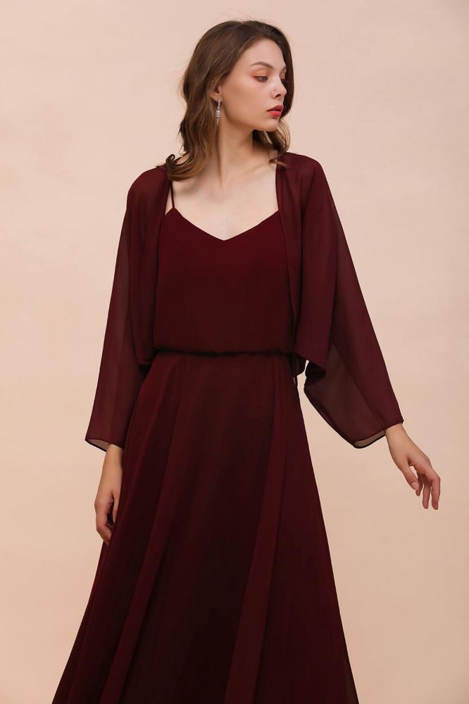 Vestido de dama de honor burdeos con tirantes finos y drapeados, vestido largo hasta el suelo para invitada de boda